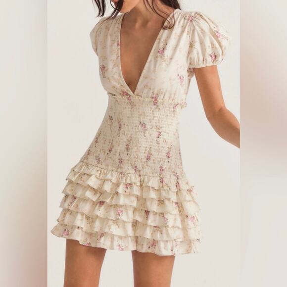 LoveShackFancy NWT Radia Smocked Cotton Cream Pink Floral Mini Dress size Large - Picture 6 of 16
